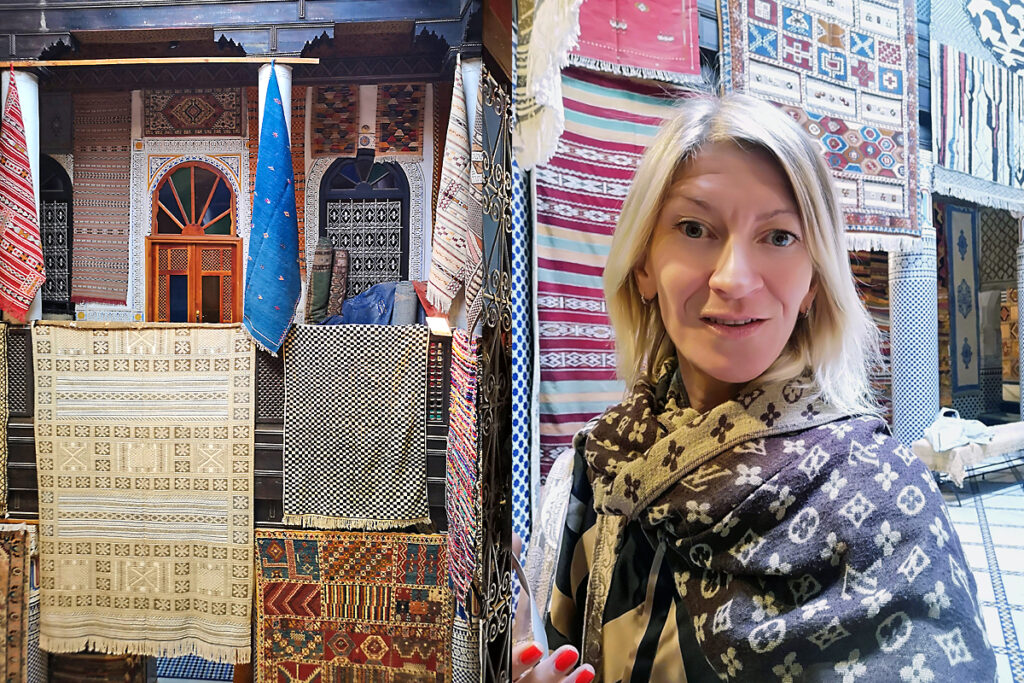 A Mellahban, a Miâara temető környékén érdemes beugrani egy egykori zsinagógából lett szőnyegboltba is – erős vizuális váltás, ahol a vallási térből lett kereskedelmi hely szinte „design sokkként” hat.
