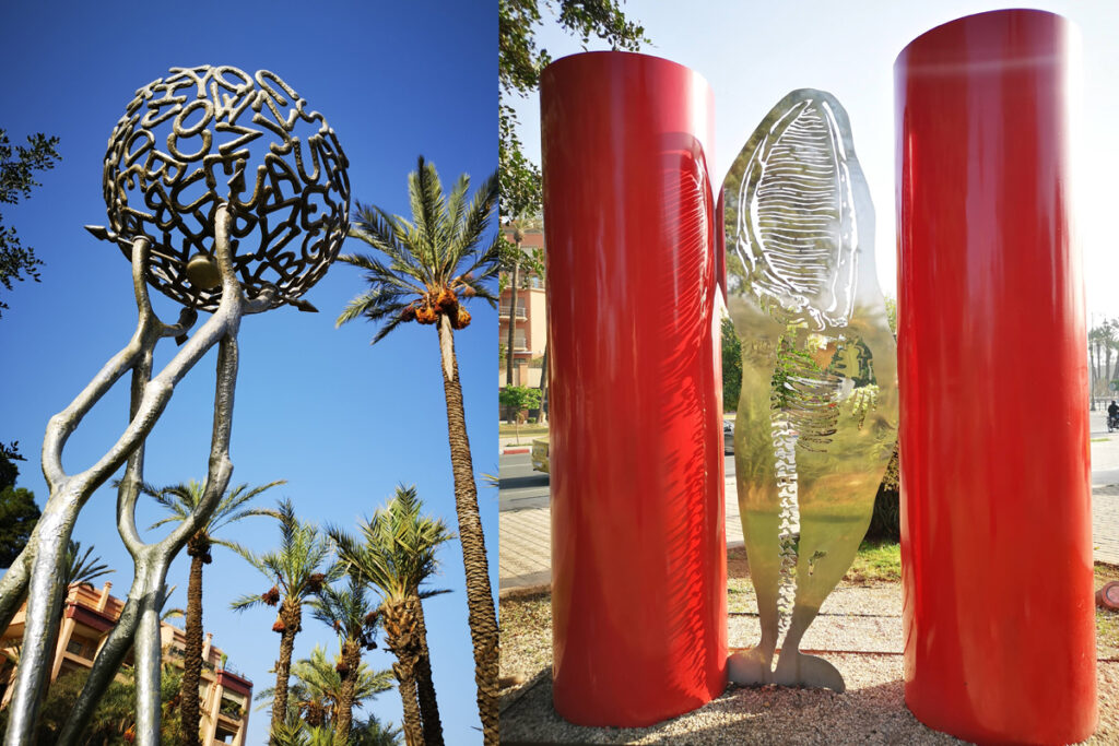 Jardin des Arts parkon, ahol a hatalmas pálmák alatt felállított, modern köztéri fémszobrok között pihenhetsz meg egy pillanatra.