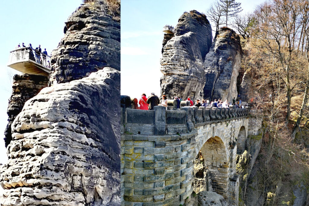 A Bastei-híd első formájában 1824-ben készült el.

Eredetileg fából építették, hogy összekösse a sziklatornyokat és könnyebb legyen elérni a kilátópontokat. A mai, tartós homokkő szerkezetet 1851-ben alakították ki, amikor a fa hidat kőből építették újra, hogy stabilabb és időtállóbb legyen.