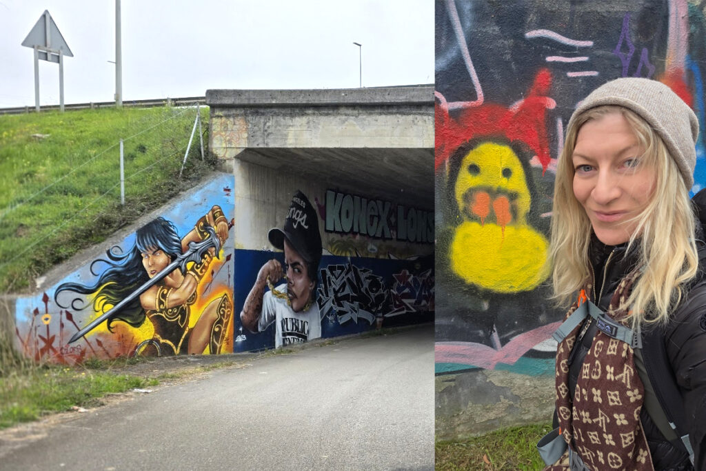 az út során a sok zöld és kék mellett a graffiti színes kavalkadja töri meg a kékzöld utalmát

